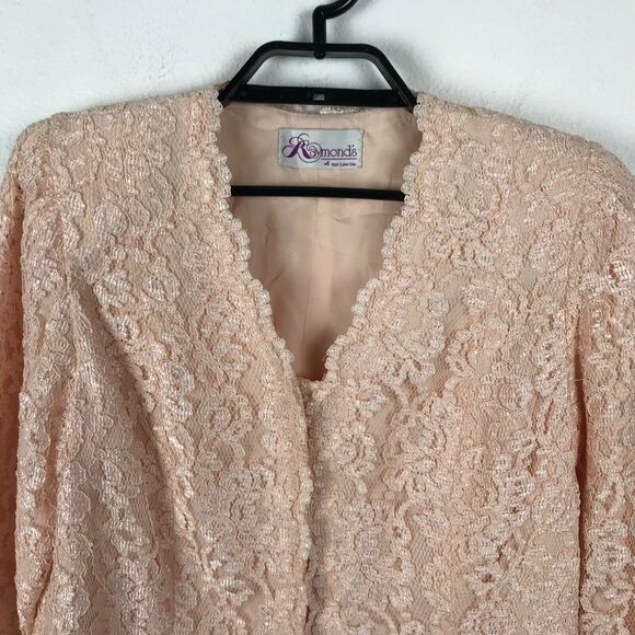 Vintage 1980s Peach Light Orange Lace Blazer Size M L Rhinestone Accent Buttons - Picture 2 of 9